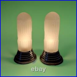 Pair Art Deco Dome Bullet Frosted Glass Star Lamps Chrome Base Very Good Cond