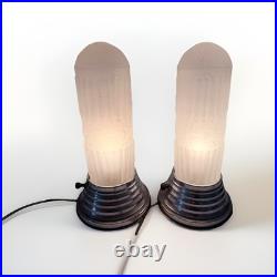 Pair Art Deco Dome Bullet Frosted Glass Star Lamps Chrome Base Very Good Cond