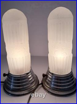Pair Art Deco Dome Bullet Frosted Glass Star Lamps Chrome Base Very Good Cond