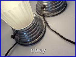 Pair Art Deco Dome Bullet Frosted Glass Star Lamps Chrome Base Very Good Cond