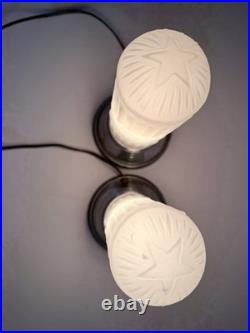 Pair Art Deco Dome Bullet Frosted Glass Star Lamps Chrome Base Very Good Cond