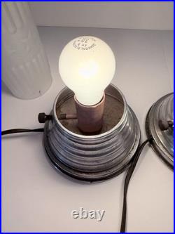 Pair Art Deco Dome Bullet Frosted Glass Star Lamps Chrome Base Very Good Cond