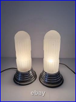 Pair Art Deco Dome Bullet Frosted Glass Star Lamps Chrome Base Very Good Cond