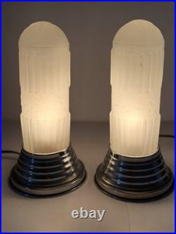 Pair Art Deco Dome Bullet Frosted Glass Star Lamps Chrome Base Very Good Cond