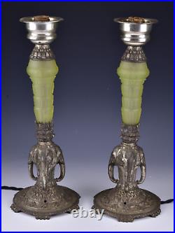 Pair Art Deco Elephant Lamps Uranium Vaseline Glass