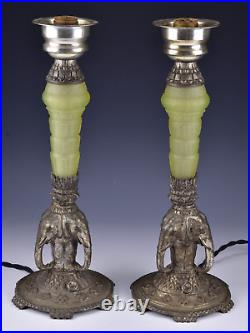 Pair Art Deco Elephant Lamps Uranium Vaseline Glass
