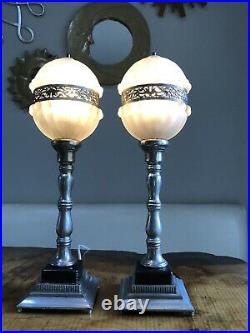 Pair Art Deco Lamps Boudoir Petite Nightlight Frosted Glass Silver