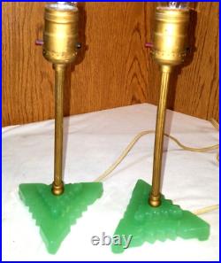 Pair Art Deco Lamps Jadeite Green Glass Houze Roman Column Boudoir Lamps 1930's