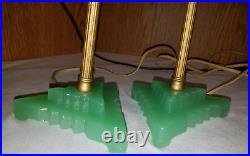 Pair Art Deco Lamps Jadeite Green Glass Houze Roman Column Boudoir Lamps 1930's