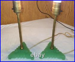 Pair Art Deco Lamps Jadeite Green Glass Houze Roman Column Boudoir Lamps 1930's