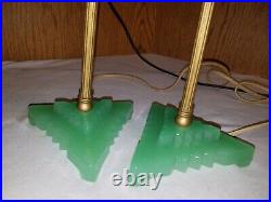 Pair Art Deco Lamps Jadeite Green Glass Houze Roman Column Boudoir Lamps 1930's