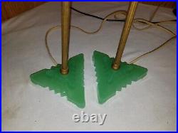 Pair Art Deco Lamps Jadeite Green Glass Houze Roman Column Boudoir Lamps 1930's