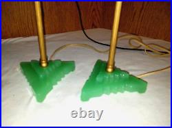 Pair Art Deco Lamps Jadeite Green Glass Houze Roman Column Boudoir Lamps 1930's