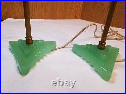 Pair Art Deco Lamps Jadeite Green Glass Houze Roman Column Boudoir Lamps 1930's