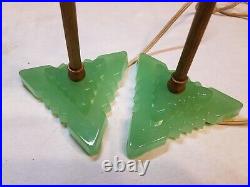 Pair Art Deco Lamps Jadeite Green Glass Houze Roman Column Boudoir Lamps 1930's