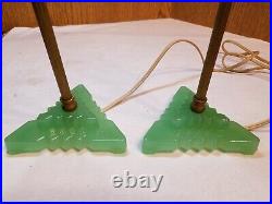 Pair Art Deco Lamps Jadeite Green Glass Houze Roman Column Boudoir Lamps 1930's