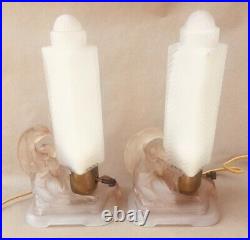 Pair Art Deco Mckee Pink Frosted glass Nude Lady Figural Boudoir Vanity Lamps