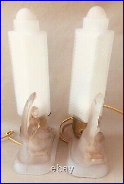 Pair Art Deco Mckee Pink Frosted glass Nude Lady Figural Boudoir Vanity Lamps