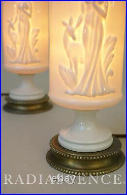 Pair Art Deco Modern Nude Sculpture Torchiere China Ceramic Pottery Lamps 1930's