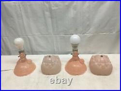 Pair Art Deco Pink Frosted Glass 9 Southern Bell Boudoir Bedroom Table Light