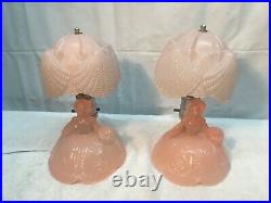 Pair Art Deco Pink Frosted Glass 9 Southern Bell Boudoir Bedroom Table Light
