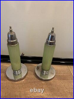 Pair Art Deco Uranium Glass Boudoir Lamps Skyscraper Torpedo Rare