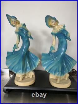 Pair Art Deco Women Dancers Lamps Chalkware & Metal Face. 12 Inches Tall 6.5 W
