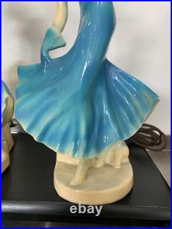 Pair Art Deco Women Dancers Lamps Chalkware & Metal Face. 12 Inches Tall 6.5 W
