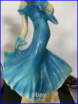 Pair Art Deco Women Dancers Lamps Chalkware & Metal Face. 12 Inches Tall 6.5 W