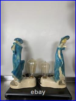 Pair Art Deco Women Dancers Lamps Chalkware & Metal Face. 12 Inches Tall 6.5 W