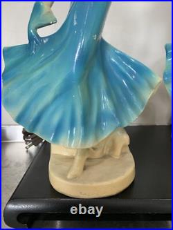 Pair Art Deco Women Dancers Lamps Chalkware & Metal Face. 12 Inches Tall 6.5 W