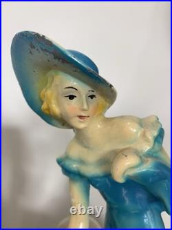 Pair Art Deco Women Dancers Lamps Chalkware & Metal Face. 12 Inches Tall 6.5 W