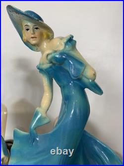 Pair Art Deco Women Dancers Lamps Chalkware & Metal Face. 12 Inches Tall 6.5 W