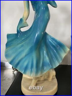 Pair Art Deco Women Dancers Lamps Chalkware & Metal Face. 12 Inches Tall 6.5 W