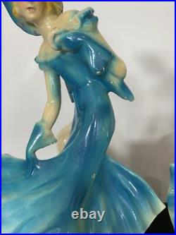 Pair Art Deco Women Dancers Lamps Chalkware & Metal Face. 12 Inches Tall 6.5 W