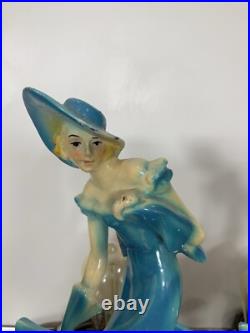 Pair Art Deco Women Dancers Lamps Chalkware & Metal Face. 12 Inches Tall 6.5 W