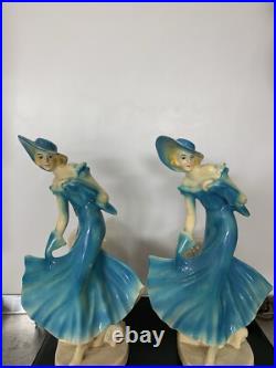 Pair Art Deco Women Dancers Lamps Chalkware & Metal Face. 12 Inches Tall 6.5 W