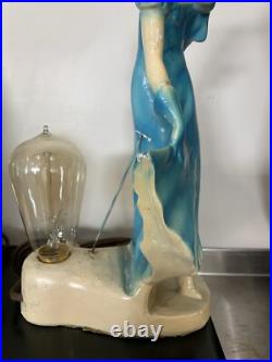 Pair Art Deco Women Dancers Lamps Chalkware & Metal Face. 12 Inches Tall 6.5 W