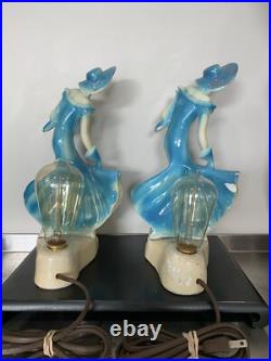 Pair Art Deco Women Dancers Lamps Chalkware & Metal Face. 12 Inches Tall 6.5 W