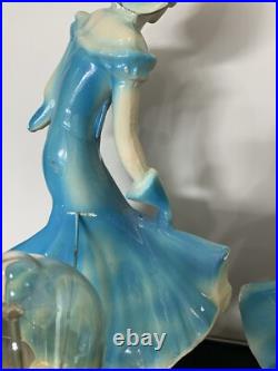 Pair Art Deco Women Dancers Lamps Chalkware & Metal Face. 12 Inches Tall 6.5 W