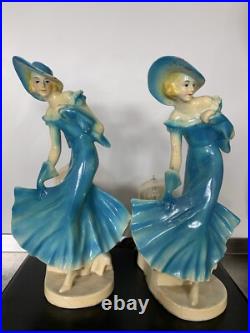 Pair Art Deco Women Dancers Lamps Chalkware & Metal Face. 12 Inches Tall 6.5 W