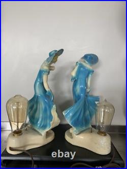 Pair Art Deco Women Dancers Lamps Chalkware & Metal Face. 12 Inches Tall 6.5 W