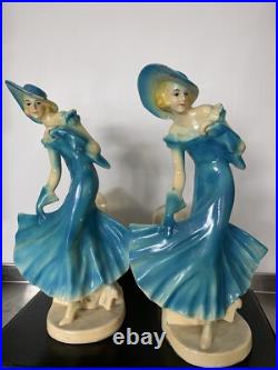 Pair Art Deco Women Dancers Lamps Chalkware & Metal Face. 12 Inches Tall 6.5 W