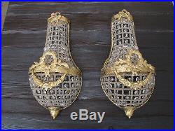 Pair Chandelier Crystal Wall Lamp Shades Art Deco Bronze Sconce
