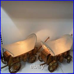 Pair Covered Wood Crafted Country Bar Art Deco Wagon Lamp Cowboy Western Style