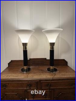 Pair Karl Springer Style Torchiere Lamps Black/Clear Lucite, Brass, White Glass
