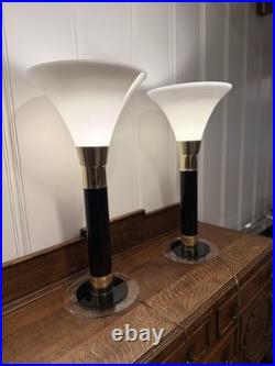 Pair Karl Springer Style Torchiere Lamps Black/Clear Lucite, Brass, White Glass