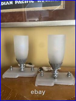 Pair Of Antique Art Deco Boudoir Lamps Bullet Torchiere Frosted Glass Rare