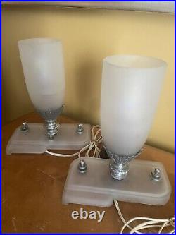 Pair Of Antique Art Deco Boudoir Lamps Bullet Torchiere Frosted Glass Rare
