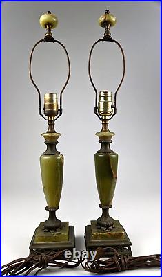 Pair Of Antique Art Deco Green Onyx Brass Table Lamps C. 1920